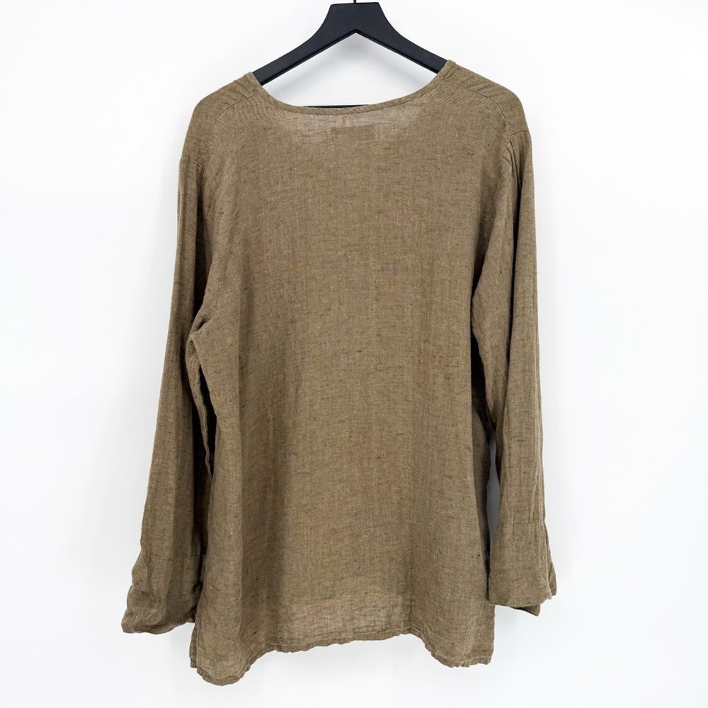 Flax 100% Linen Lagenlook Button Front Long Sleeve Top Olive Green Medium - Picture 6 of 8